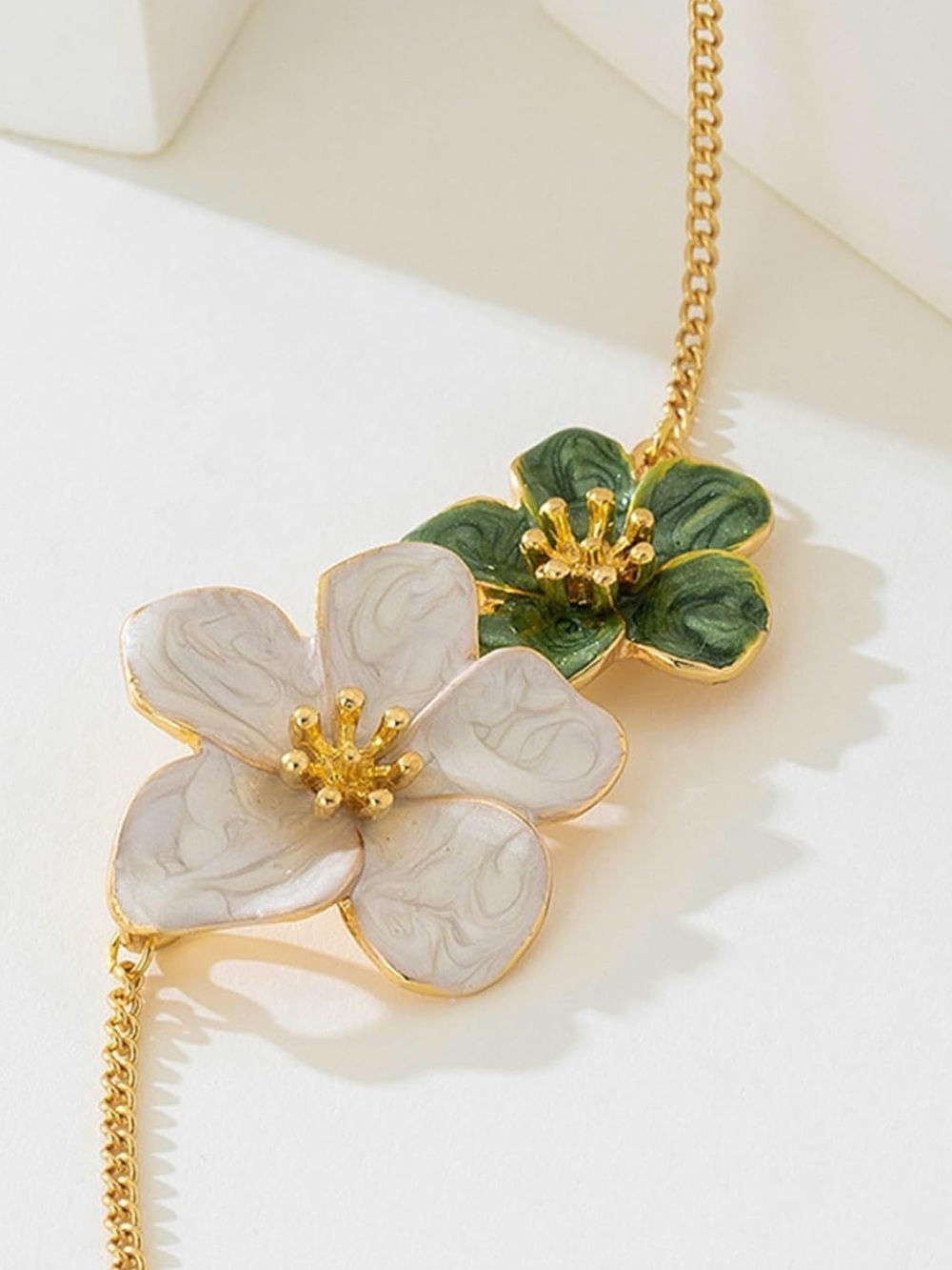 Gold Floral Pendant Necklace with White and Green Blooms - Picture 2 of 4